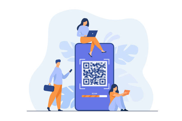 Tiny people using QR code for online payment Tiny people using QR code for online payment isolated flat vector illustration. Cartoon infographic characters using smartphone for scan of QR code. Digital wallet and modern technology concept coding qr code mobile phone telephone stock illustrations