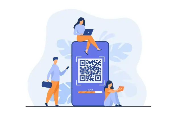 Vector illustration of Tiny people using QR code for online payment