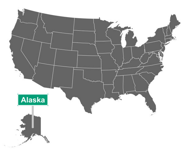 alaska state limit zeichen und karte von usa - alaska us bundesstaat stock-grafiken, -clipart, -cartoons und -symbole