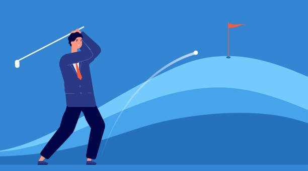 istock Successful business hitting. Target accuracy, businessman hits golf ball. Objective achievement metaphor, leadership strategy vector concept 1281241874