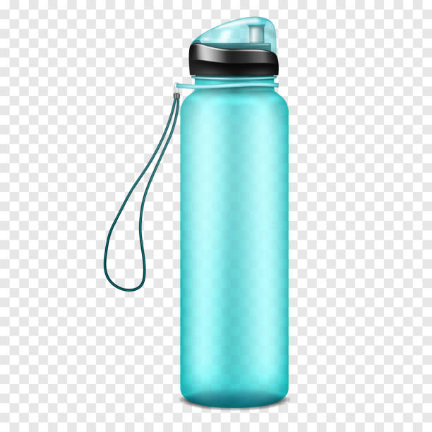 klare leere blaue kunststoff-wasserflasche mit tragegurt auf transparentem hintergrund, realistische vektor-illustration. sport fitnesskolben, mockup. - wasserflasche stock-grafiken, -clipart, -cartoons und -symbole