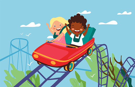 Roller-coaster concept. Happy children riding on roller-coaster in amusement park. Diverse hildren having fun in amusement park. Roller coaster. Exhilarating rides. Flart cartoon vectot illustration
