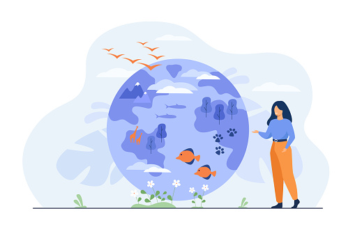 Happy woman standing and pointing on globe with flora and fauna diversity flat vector illustration. Earth habitats, ocean animals, plants and wildlife. Biodiversity, conservation and climate concept