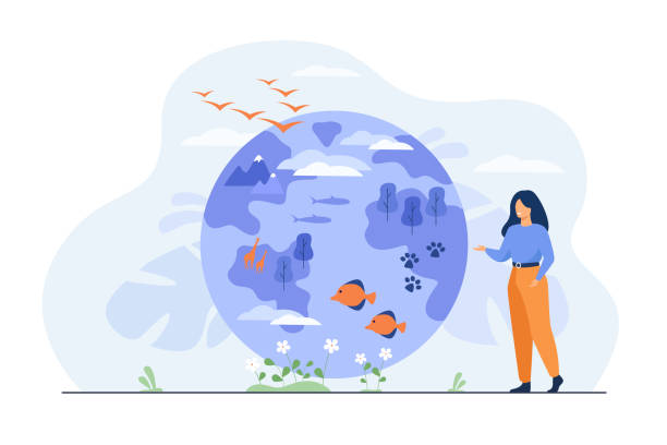 Happy woman standing and pointing on globe with flora and fauna Happy woman standing and pointing on globe with flora and fauna diversity flat vector illustration. Earth habitats, ocean animals, plants and wildlife. Biodiversity, conservation and climate concept biodiversity stock illustrations