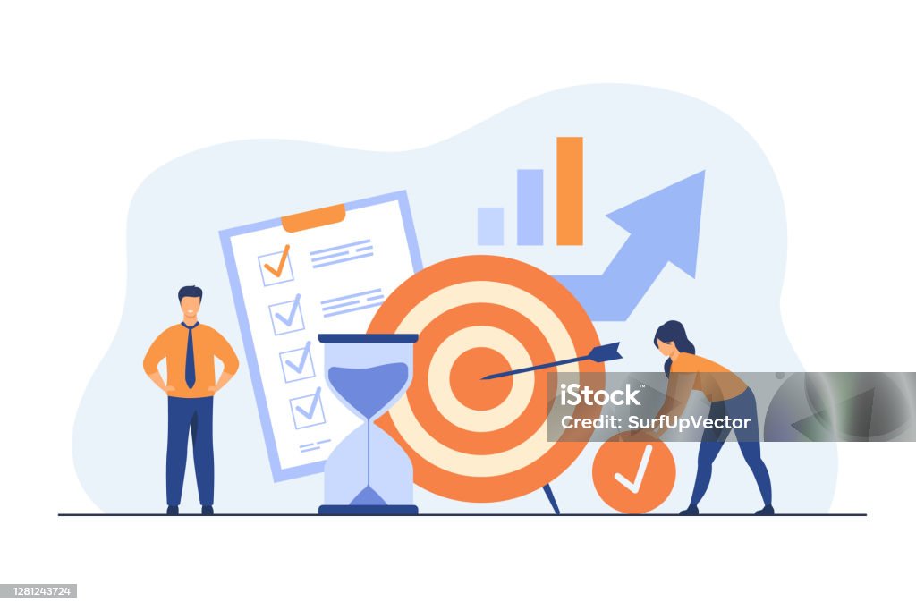 Tiny people developing self control system Tiny people developing self control system isolated flat vector illustration. Metaphor of target and goal achievement for productive work. Time management and development concept Business stock vector