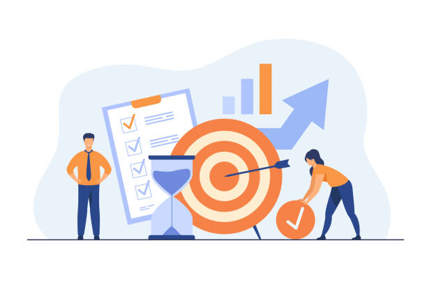 Tiny people developing self control system Tiny people developing self control system isolated flat vector illustration. Metaphor of target and goal achievement for productive work. Time management and development concept practicing stock illustrations