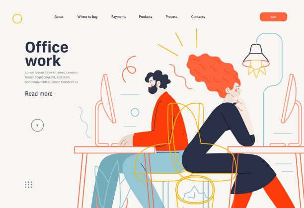 Business topics - office work, web template Business topics - office work, web template. Flat style modern outlined vector concept illustration. Man and woman sitting and working at the office desks with desktop computers. Business metaphor. corporate office cubicle stock illustrations