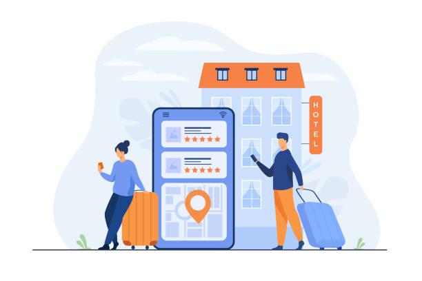 Happy tourists choosing hotel and booking room online Happy tourists choosing hotel and booking room online flat vector illustration. People doing search or making choice of hostel and apartments via internet. Trip, vacation and accommodation concept travel hotel accommodations stock illustrations