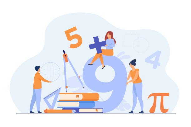 Happy students learning math in college or school Happy students learning math in college or school isolated flat vector illustration. Cartoon digits, geometry figures, algebra formulas and arithmetic symbols. Education and knowledge concept mathematical symbol stock illustrations