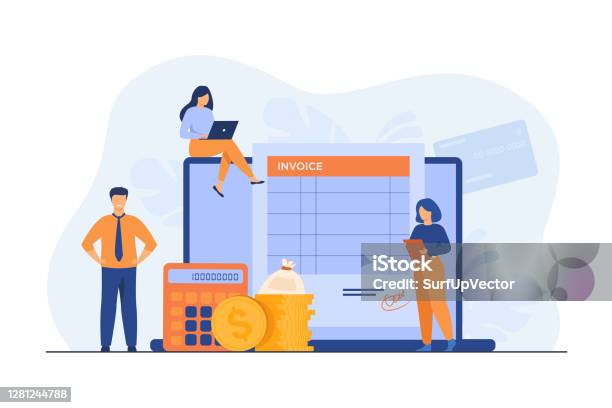 Tiny People Preparing Invoice On Computer Stock Illustration - Download Image Now - Accountancy, Financial Advisor, Financial Bill