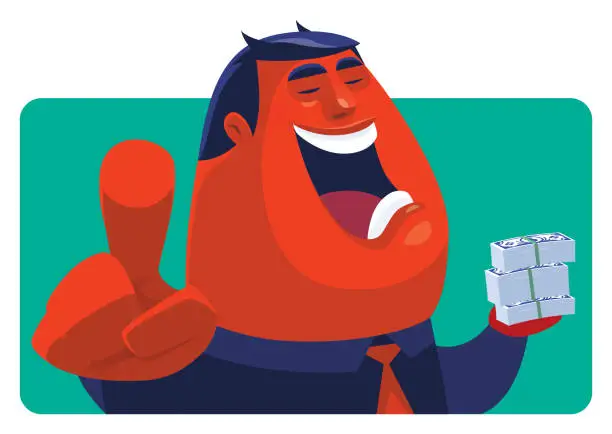 Vector illustration of evil businessman holding money notes and pointing at front