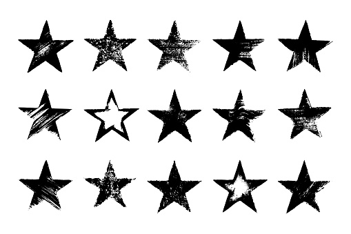 Vector set of different black star imprints isolated on white background. Hand drawn grunge elements.