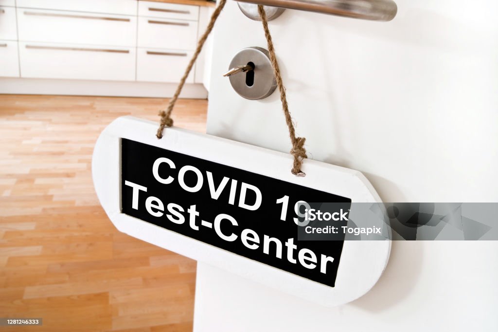 Corona Virus Covi 19 Concept Door with Shield Covid 19 Test Center COVID-19 Stock Photo