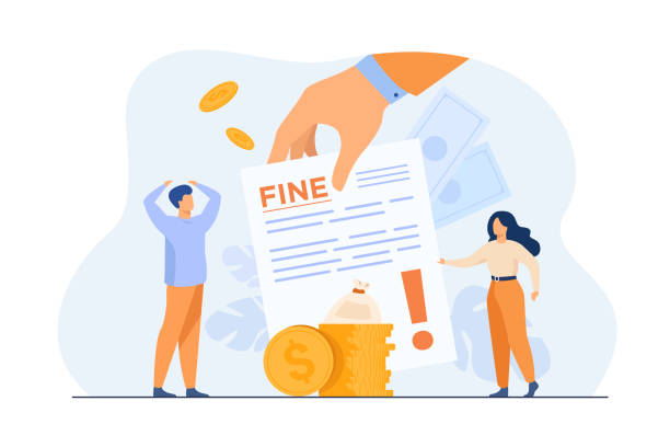 Tiny people getting paper sheet with fine Tiny people getting paper sheet with fine flat vector illustration. Cartoon characters paying traffic bill, municipal tax or parking fee as penalty from police. Financial mulct or punishment concept government clipart stock illustrations