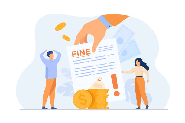 Tiny people getting paper sheet with fine Tiny people getting paper sheet with fine flat vector illustration. Cartoon characters paying traffic bill, municipal tax or parking fee as penalty from police. Financial mulct or punishment concept Punishment stock illustrations