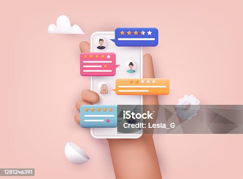 istock Hands holding phone with review rating. Reviews stars with good and bad rate and text. 1281246391
