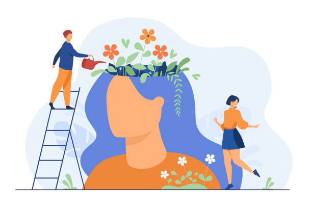 malutkie osoby i piękny ogród kwiatowy wewnątrz kobiecej głowy - kreatywność ilustracje stock illustrations