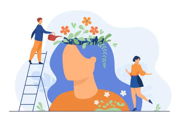 Vector illustration of Tiny people and beautiful flower garden inside female head