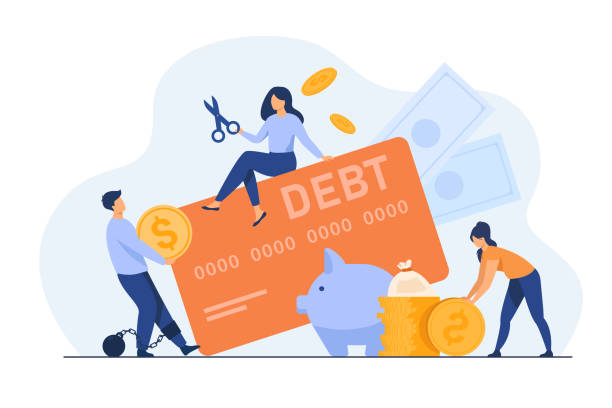 illustrazioni stock, clip art, cartoni animati e icone di tendenza di piccole persone in trappola del debito delle carte di credito - debt