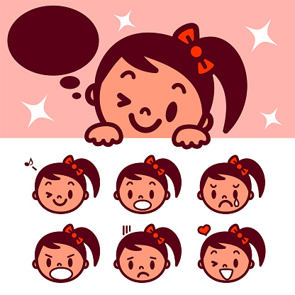 Cute characters vector art illustration.
Facial expression (Emoticons) of cute girl with pigtails and hair bow and blank sign.