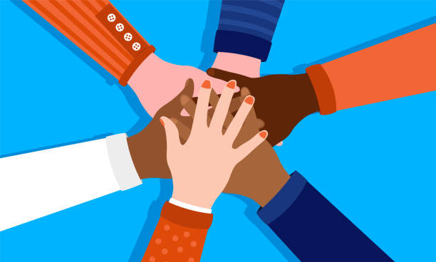 illustrazioni stock, clip art, cartoni animati e icone di tendenza di diversità sul posto di lavoro - team di persone diverse che mettono insieme le mani - multi ethnic group occupation business team