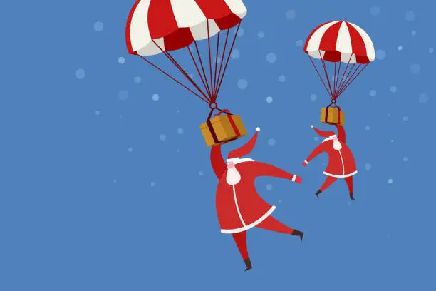 Vector illustration of Santa Clauses with a gifts flying in hot air balloons