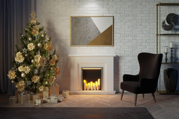 istock Christmas interior with a decorative fireplace with burning candles, a cozy armchair, a Christmas tree with gifts. A horizontal poster hangs on a brick wall above the fireplace. 1281249761