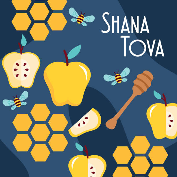 ilustraciones, imágenes clip art, dibujos animados e iconos de stock de shana tova letras con manzanas y patrón de abejas - shana tova