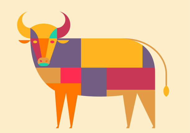 Chinese Zodiac-Ox, Year of the Ox cartoon image design, Cartoon Ox image design Chinese Zodiac-Ox, Year of the Ox cartoon image design, Cartoon Ox image design color block stock illustrations
