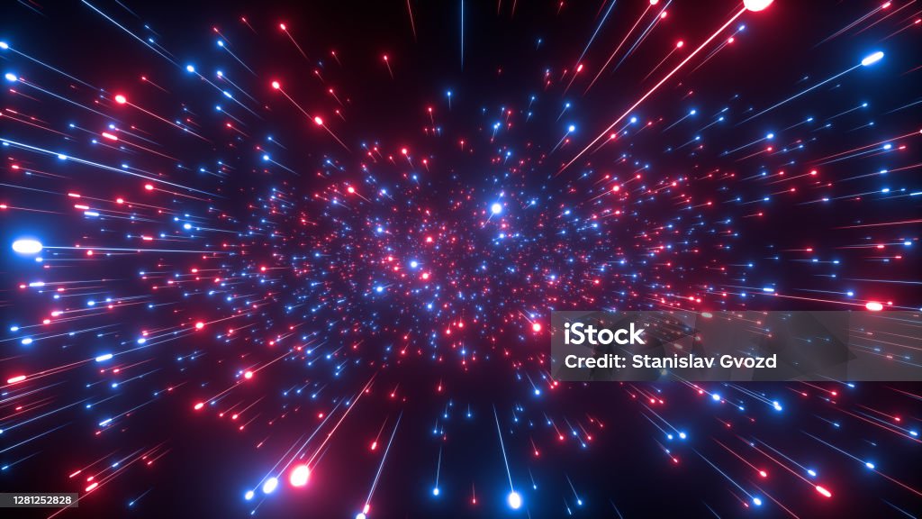 Abstract bright creative cosmic background. Hyper jump into another galaxy. Speed of light, neon glowing rays in motion. Beautiful fireworks, colorful explosion, big bang. Falling stars. 3d rendering Hyper jump into another galaxy, fast travel Particle Stock Photo