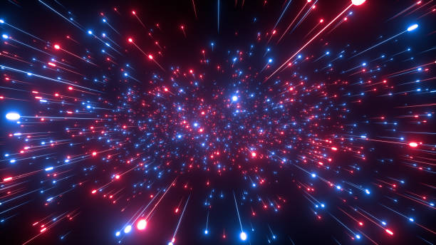 Abstract bright creative cosmic background. Hyper jump into another galaxy. Speed of light, neon glowing rays in motion. Beautiful fireworks, colorful explosion, big bang. Falling stars. 3d rendering Hyper jump into another galaxy, fast travel photon stock pictures, royalty-free photos & images