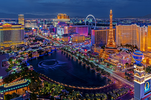 Las Vegas, USA - February 17, 2019 Panoramic view of Las Vegas strip at night in Nevada. The famous Las Vegas Strip with the Bellagio Fountain. The Strip is home to the largest hotels and casinos in the world.