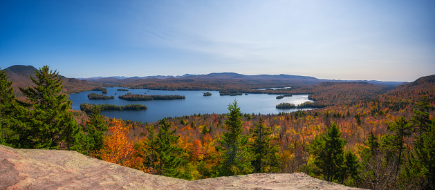 Panoramic overlook of Blue Mountain lake near the Adirondacks in New York
