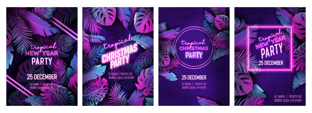 Tropic Christmas party neon flyer set, vibrant vector New Year holiday poster. Disco monstera palm leaves design, winter beach holidays tropical background. Paradise purple template illustration vector art illustration