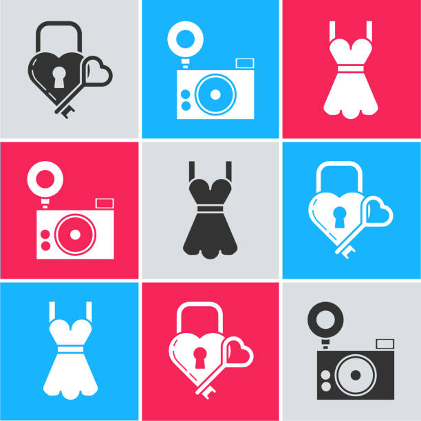ilustrações de stock, clip art, desenhos animados e ícones de set castle in the shape of a heart and key, photo camera and woman dress icon. vector - human heart flash