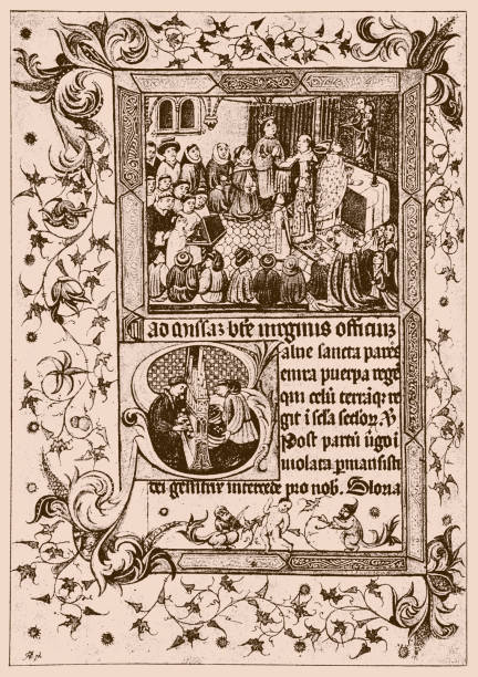 istock Alfonso V attends Mass with his court. Text with initial 'S', with man playing an organ, while another pumps the bellows 1281257261