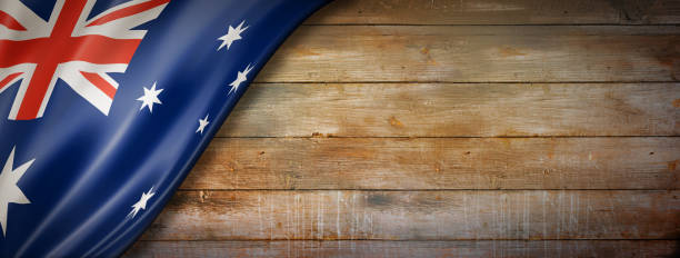 istock Australian flag on vintage wood wall banner 1281259705