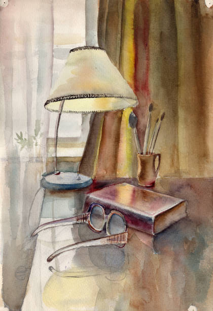 Watercolor still life. A book, eyeglasses, vase with brushes and a table vintage lamp on a polished wooden desk near the window Watercolor still life. A book, eyeglasses, vase with brushes and a table vintage lamp on a polished wooden desk near the window 1970 pictures stock illustrations