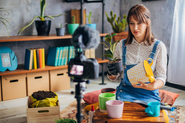 istock While recording her vlog modern female botanist showing some examples of flowers pot where you can plant your ficus 1281260103