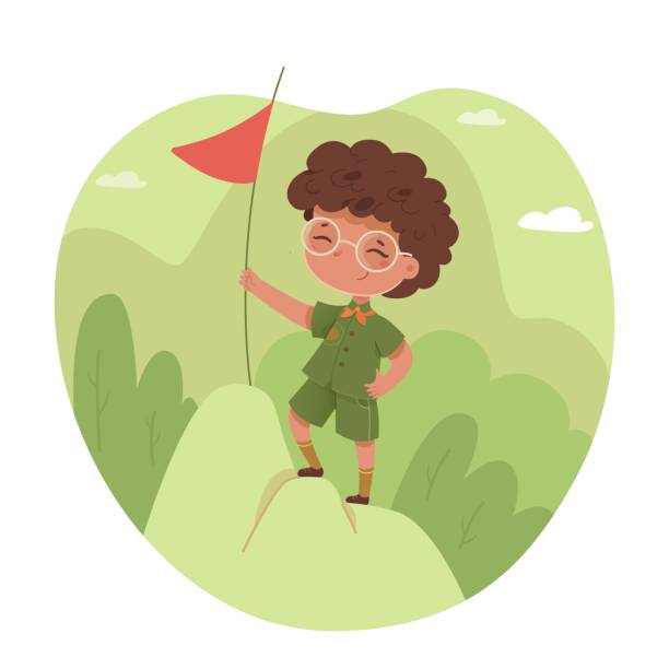 Kid with red flag on top of hill. Boy scout climbs on mountain during camping trip in forest in summer. Outdoor adventure scene vector illustration. Reaching goal hiking high up Kid with red flag on top of hill. Boy scout climbs on mountain during camping trip in forest in summer. Outdoor adventure scene vector illustration. Reaching goal hiking high up. field trip clip art stock illustrations