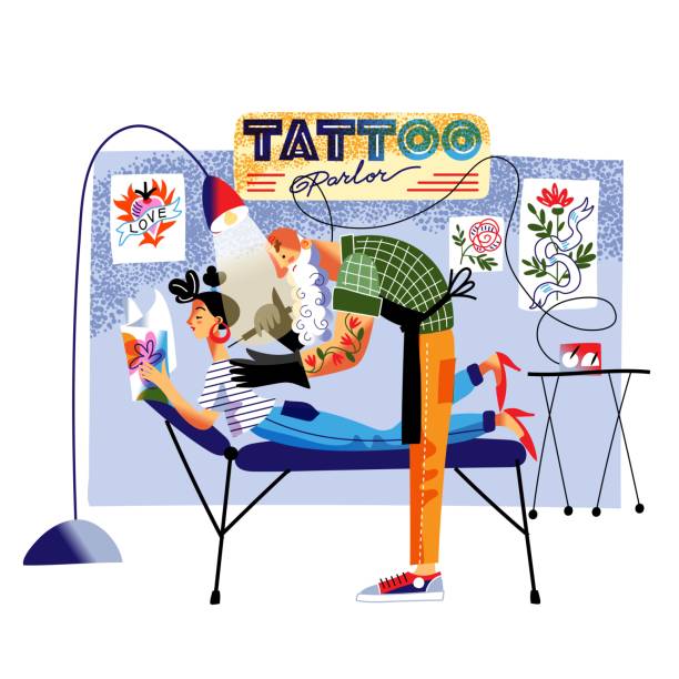 Artist painting tattoo on girlʼs neck in salon. Man doing tattoo on woman lying on couch and reading magazine, tattooist working at retro studio. Vintage style pattern vector illustration Artist painting tattoo on girlʼs neck in salon. Man doing tattoo on woman lying on couch and reading magazine, tattooist working at retro studio. Vintage style pattern vector illustration. roses tattoo flash cartoon stock illustrations