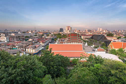 Panoramic view of Bangkok Thailand pagoda at Wat Saket, or Golden Mount. The famaus tourist attraction place in central bangkok Thailand