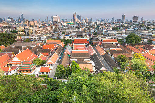 Panoramic view of Bangkok Thailand pagoda at Wat Saket, or Golden Mount. The famaus tourist attraction place in central bangkok Thailand