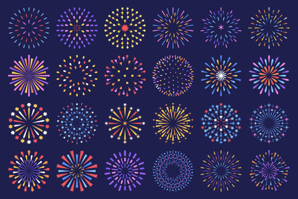 Flat festive firework. Celebration fireworks display show set Different colourful fireworks, round explosion lines with stars and sparks isolated decorative vector collection circle clipart stock illustrations