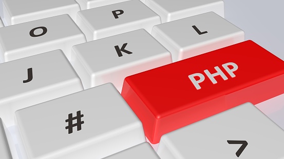 PHP on rek key of a white computer keyboard - 3D rendering illustration