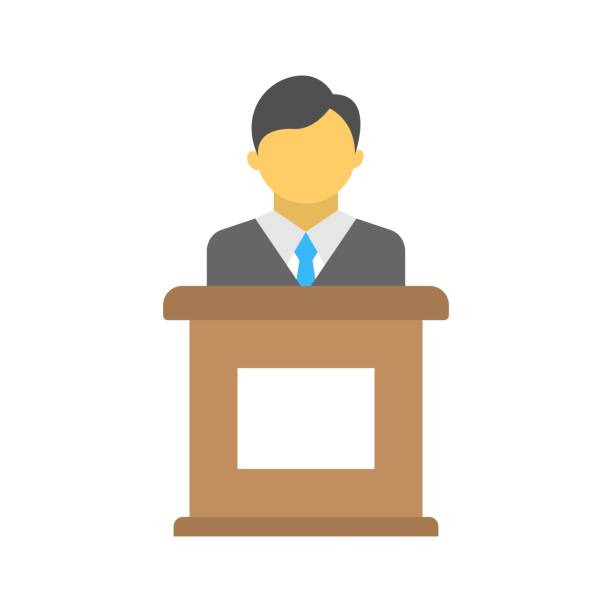 istock Speaker behind tribune icon illustration. Lecture, conference sign. 1281275743