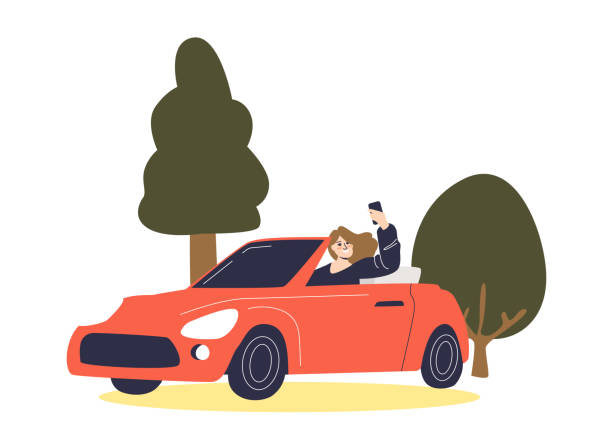 девушка делает селфи за рулем автомобиля. мультфильм женщина фотографировать во время езды - автомобиль фотографии stock illustrations