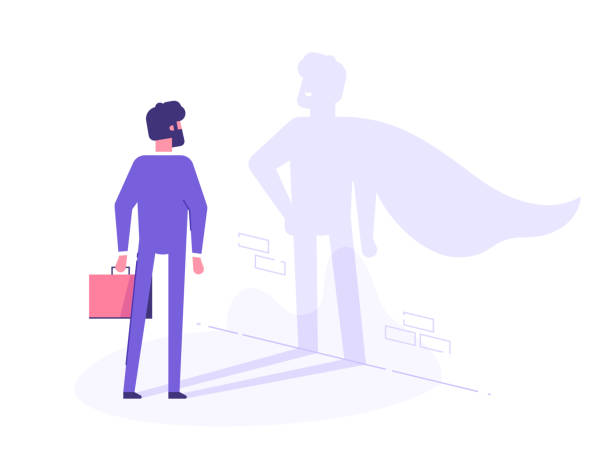 A businessman casts a shadow of a superhero in a cape on the wall. Business motivation and training concept. Vector illustration. A businessman casts a shadow of a superhero in a cape on the wall. Business motivation and training concept. Vector illustration. change silhouettes stock illustrations