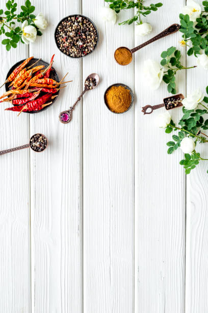 istock Kitchen utensils with spice and herbs in metal bowls, overhead 1281278179