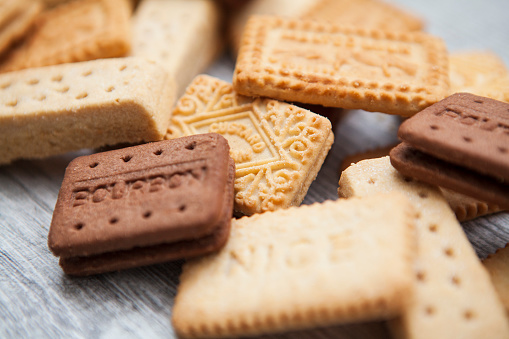 A British biscuit and shortbread selection arranged on a wooden board